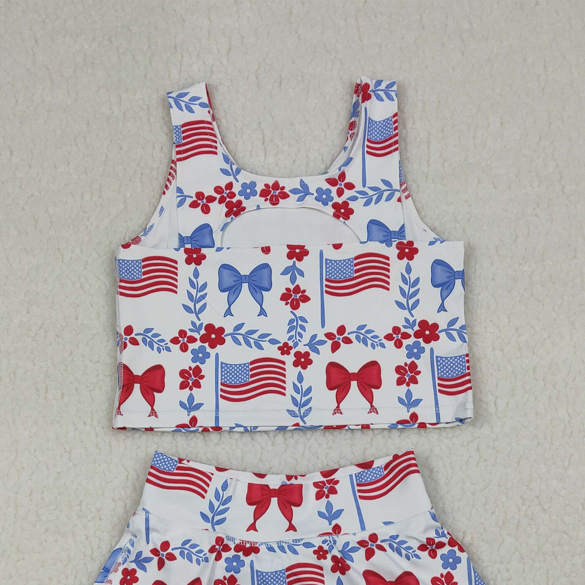 RTS NO MOQ GSD3499 Baby Girls 4th of July Yoga Active Clothes Sets Flower Flags Vest Skirt Short for Girls