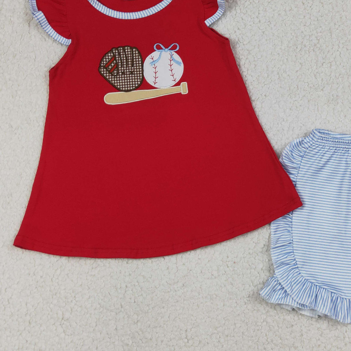 RTS NO MOQ GSSO3246 Baby Girls Embroidery Baseballs Tunic Top with Stripe Ruffle Shorts Team Clothes Set