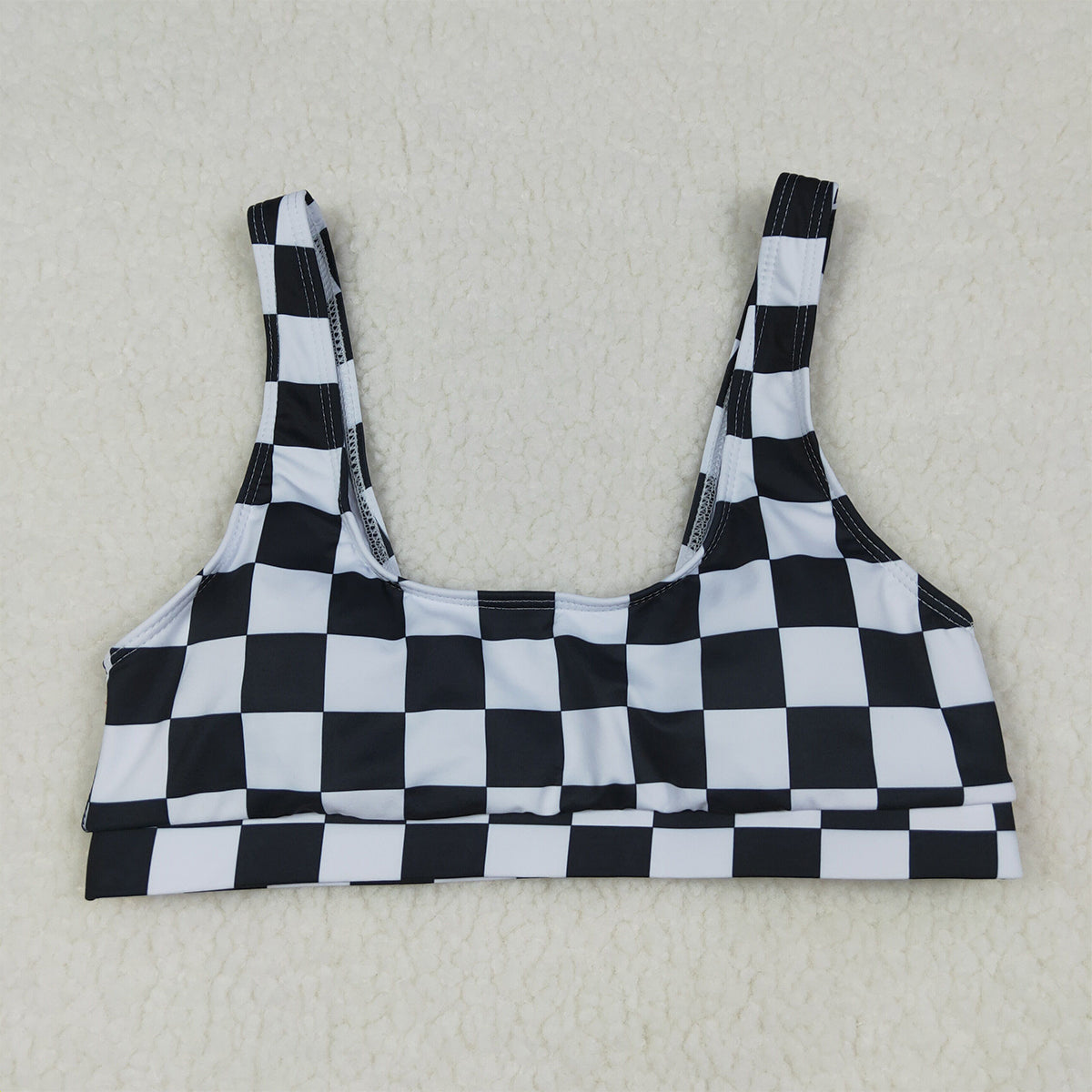 RTS NO MOQ S0736+S0737 Adult Women's Black Checkered Two-Piece Swimsuit Set with Top And Bummies Bottom