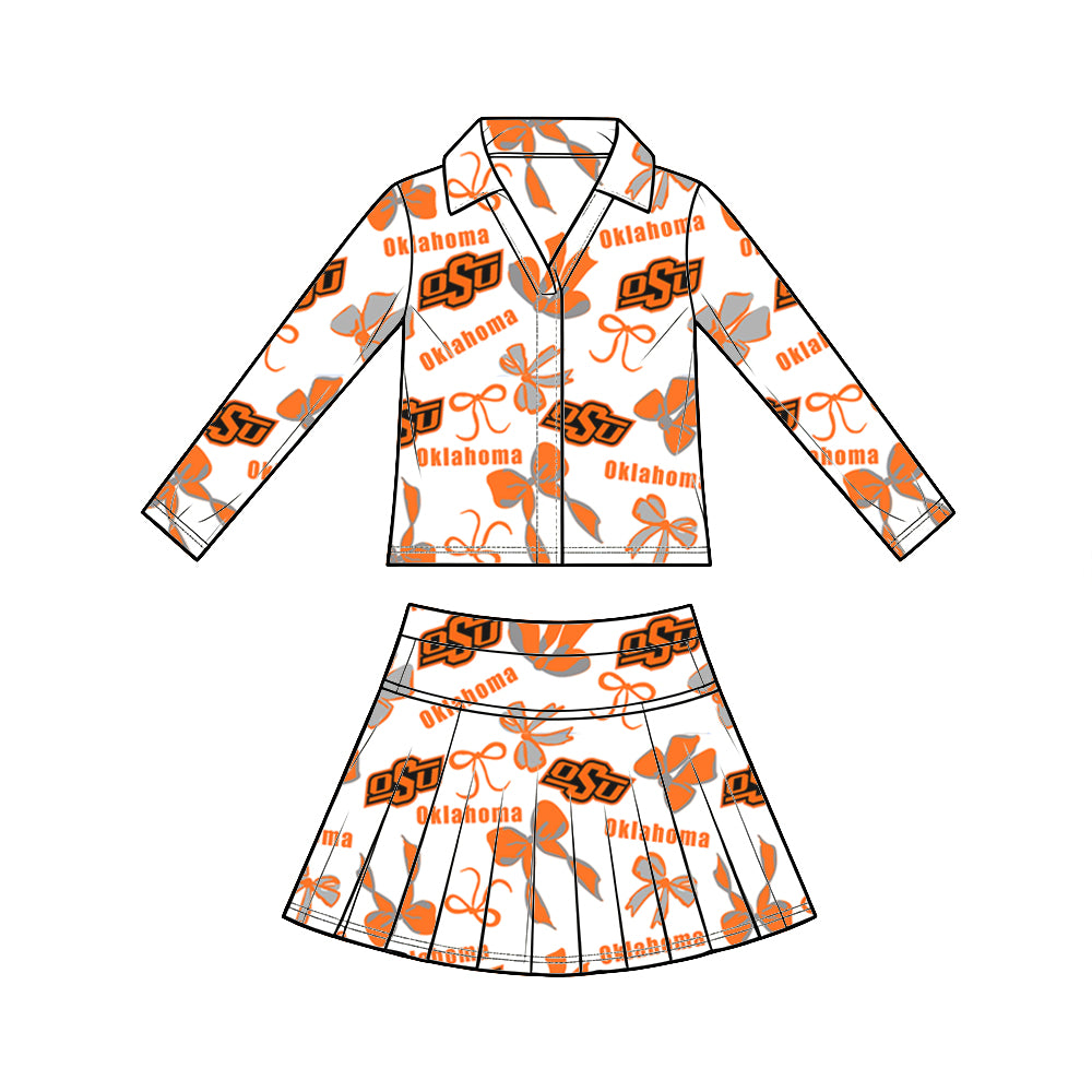 custom moq 5 mix size XY072406 Baby Girls Summer Bow Print Long Sleeve Top Pleated Skirt Two Piece Team Yoga Outfit Set