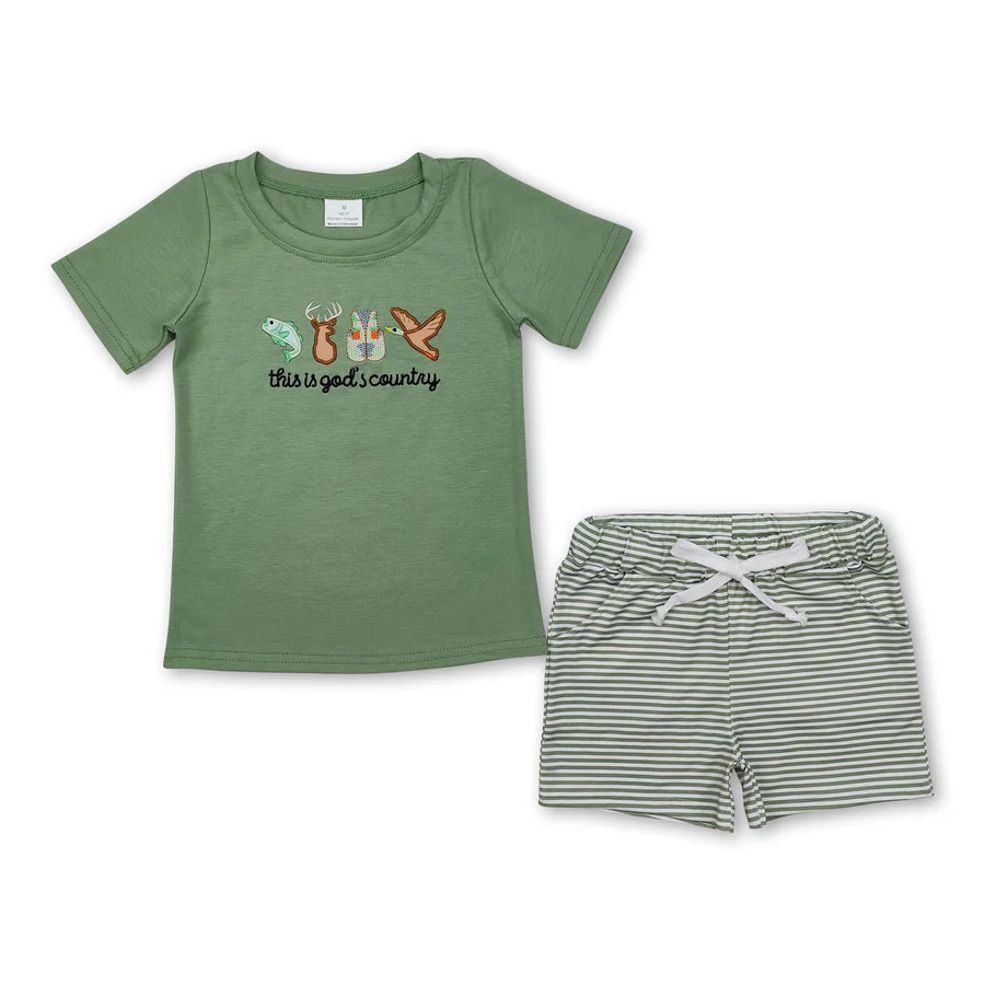 RTS NO MOQ Sibling Baby Boys Embroidery Fishing Top Shorts Hunting Clothes Sets