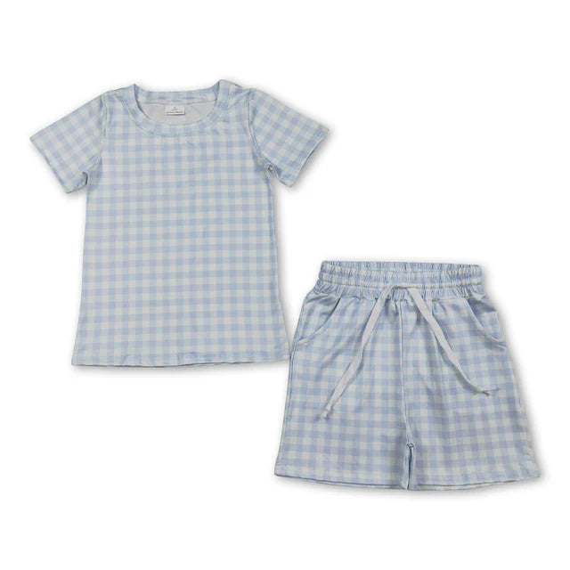 RTS NO MOQ Sibling Baby Boys Light Blue Checked Top Pockets Shorts Clothes Sets