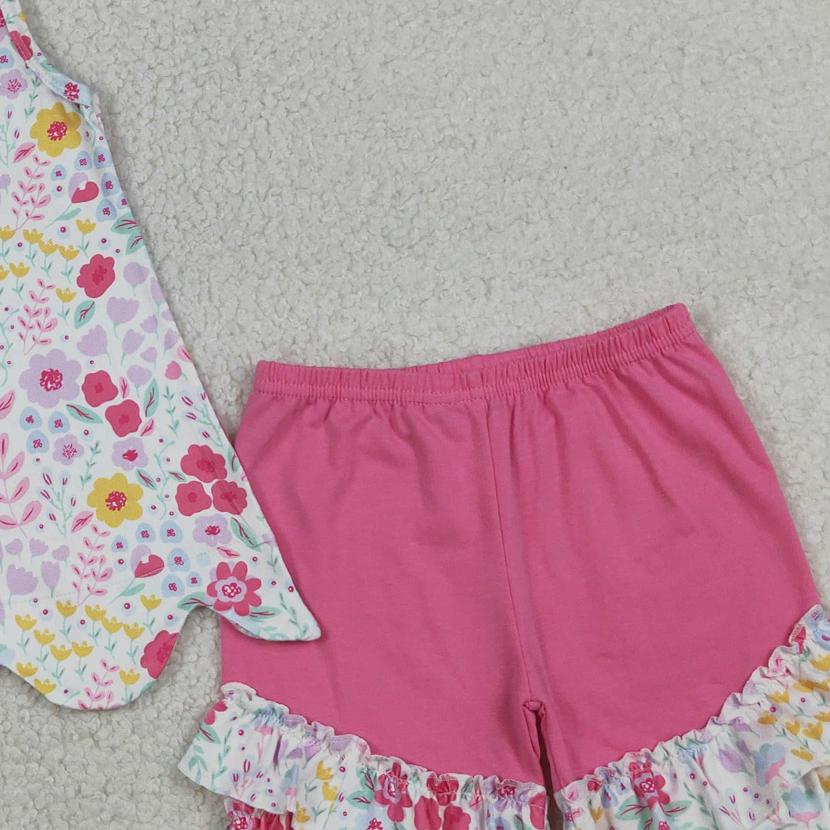 RTS NO MOQ GSSO3391 Baby Girls Sleeveless Colorful Flowers Tunic Ruffle Shorts Outfit Set Cute Baby Girl Summer Clothing Set