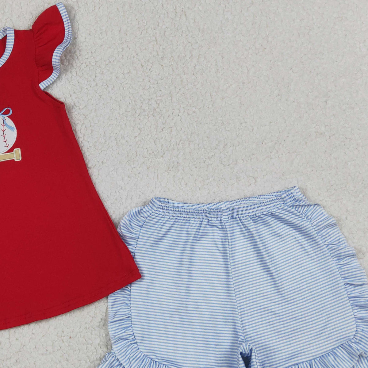 RTS NO MOQ GSSO3246 Baby Girls Embroidery Baseballs Tunic Top with Stripe Ruffle Shorts Team Clothes Set