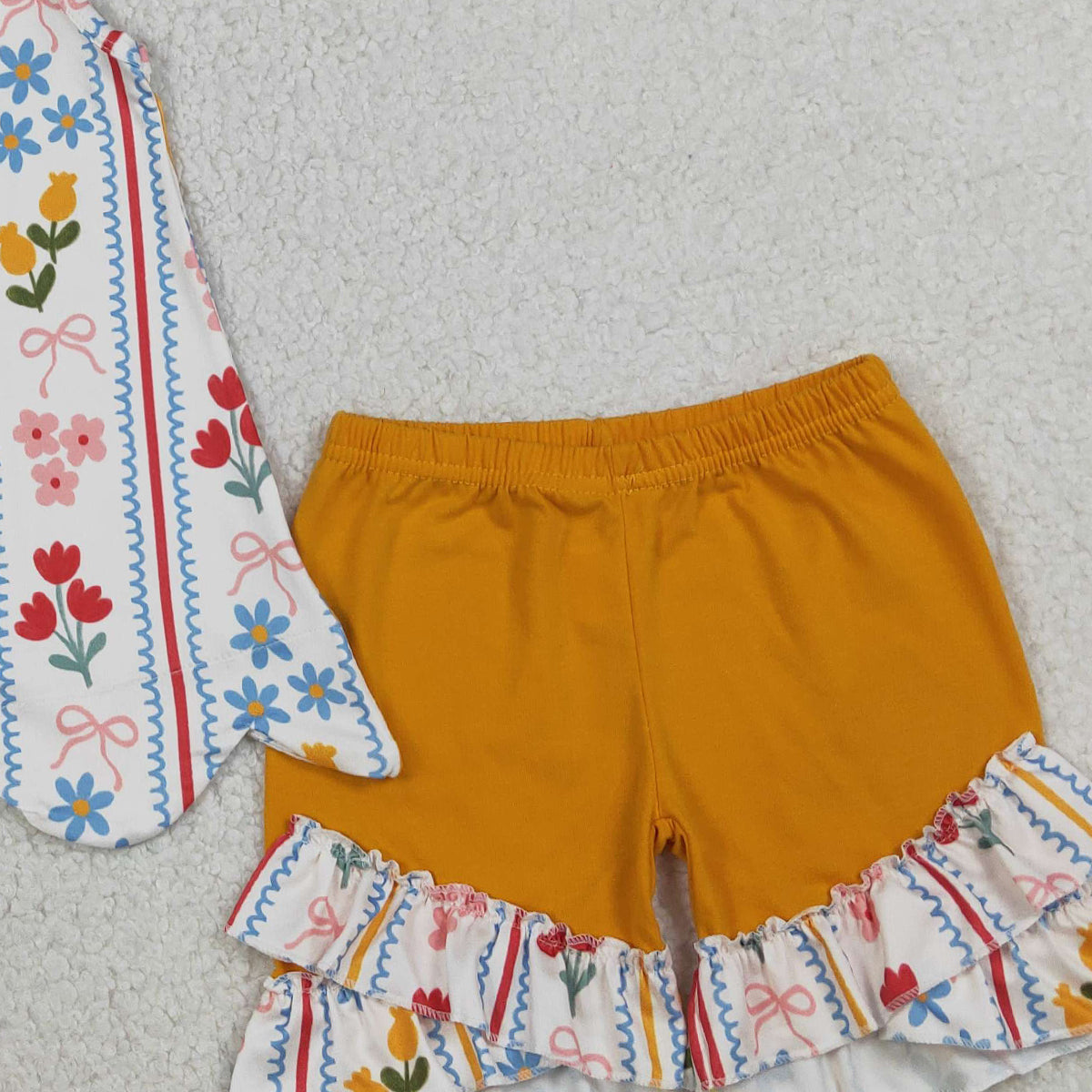 RTS NO MOQ GSSO3388 Baby Girls Bows And Flowers Stripe Scallop Tunic with Ruffle Shorts Cute Outfit Set for Little Ones