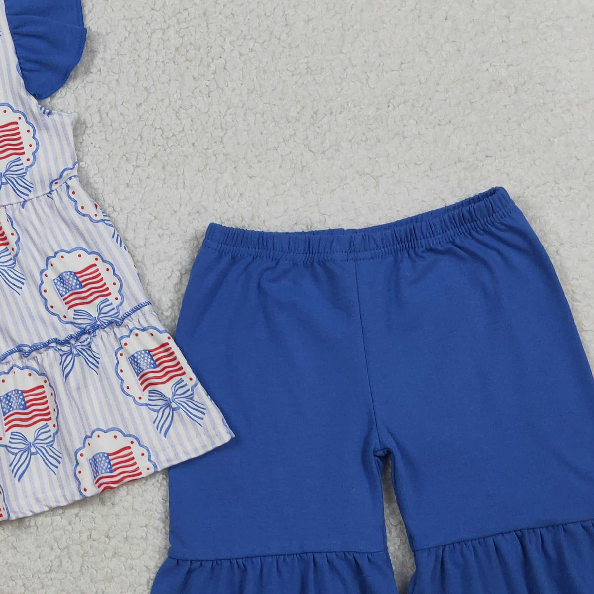 RTS NO MOQ Baby Girls Blue Stripe Bows Flags Tunic Ruffle Short 4th of July Clothes Sets