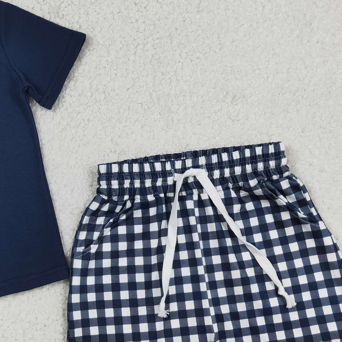 RTS NO MOQ BSSO1882 Baby Boys Navy Short Sleeve Shirt Top with Checked Pockets Short Clothes Set for Little Ones