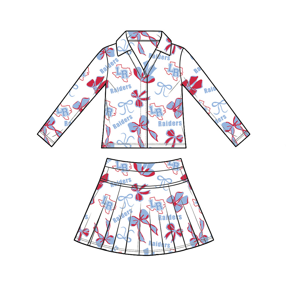 custom moq 5 mix size  XY072306 Baby Girls Summer Bow Print Long Sleeve Top Pleated Skirt Two Piece Team Outfit Set