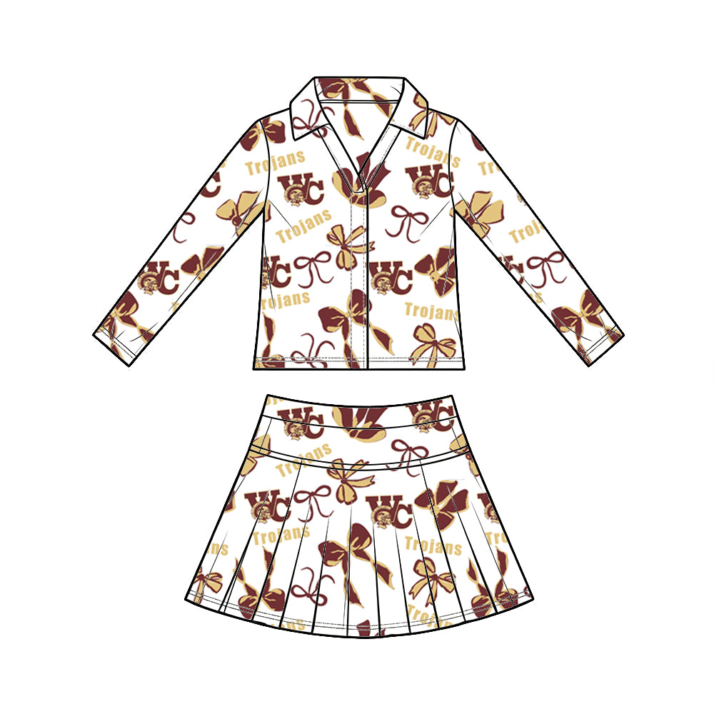 custom moq 5 mix size XY072406 Baby Girls Summer Bow Print Long Sleeve Top Pleated Skirt Two Piece Team Yoga Outfit Set