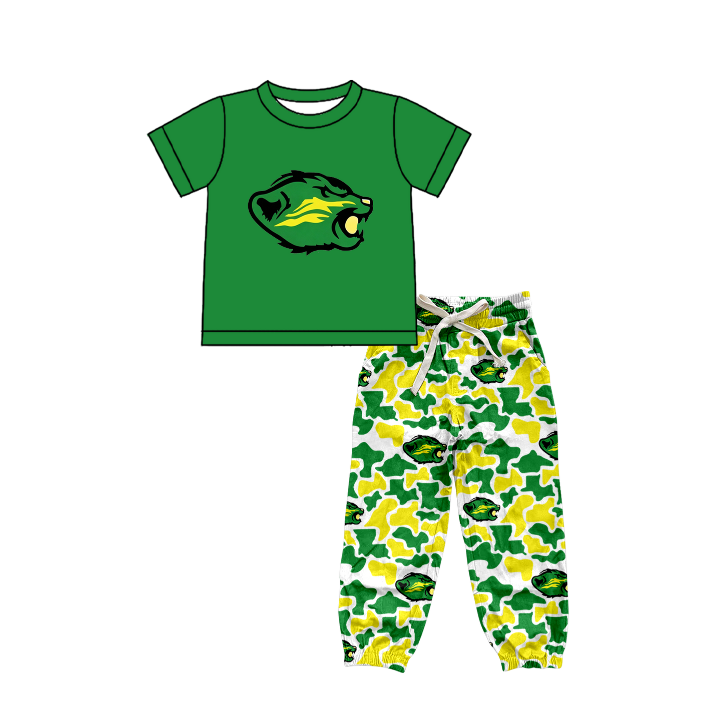 custom moq 5 mix size XY070106 Baby Boys Short Sleeve Top Camo Drawstring Pants Set Team Outfit