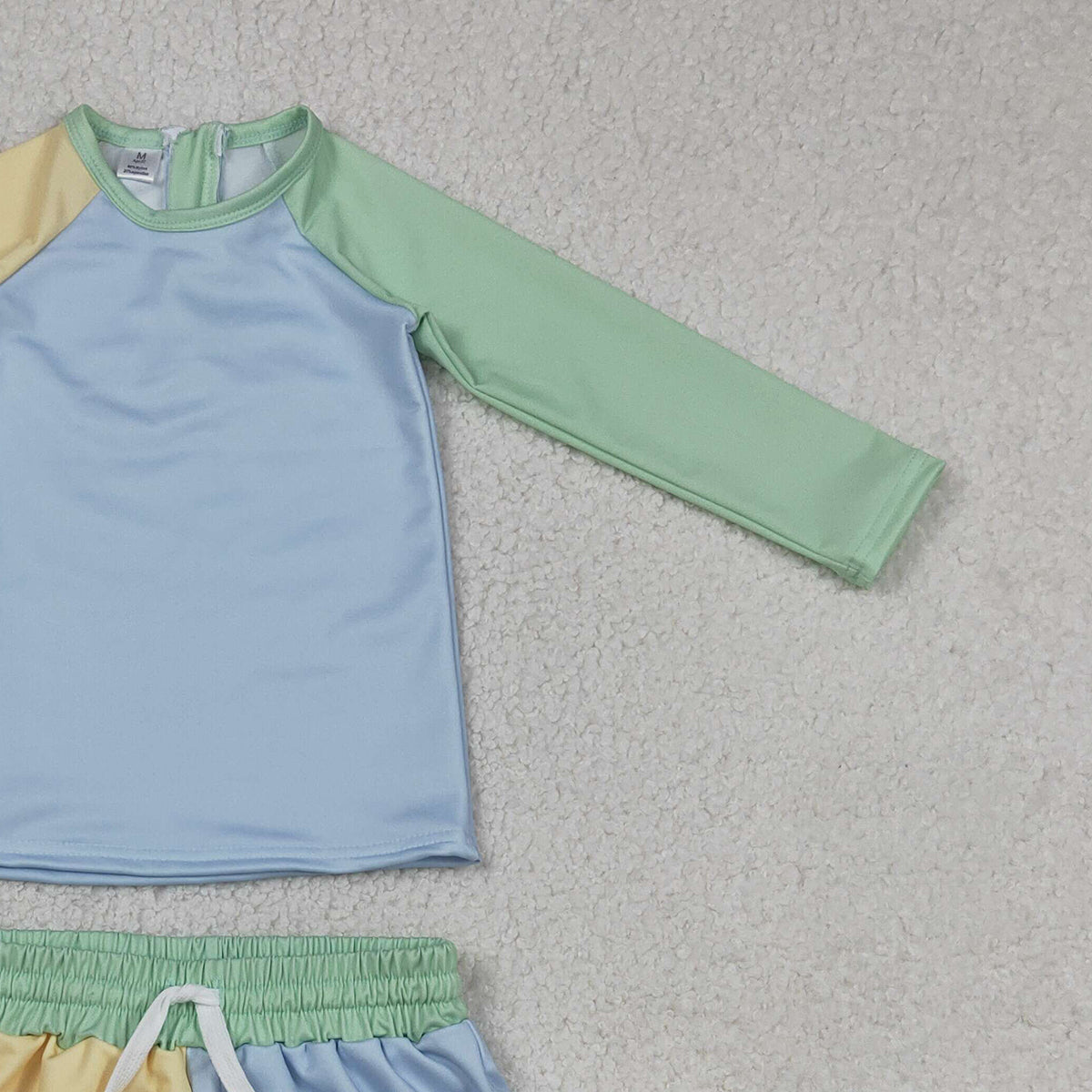 RTS NO MOQ S0634 Baby Boys Long Sleeve Swimsuit Yellow Aqua Blue Shirts Top Shorts Set for Infants