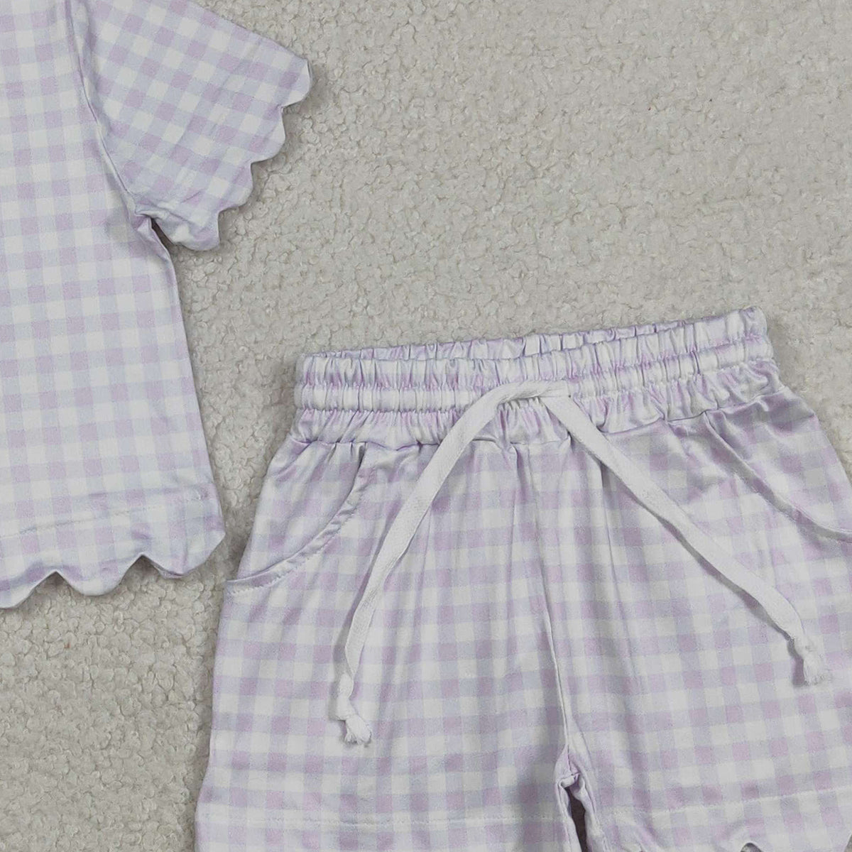 RTS NO MOQ GSSO3181  Baby Girls Lavender Checked Shirt Top And Scallop Shorts Outfit Set Cute Clothing Set for Infants