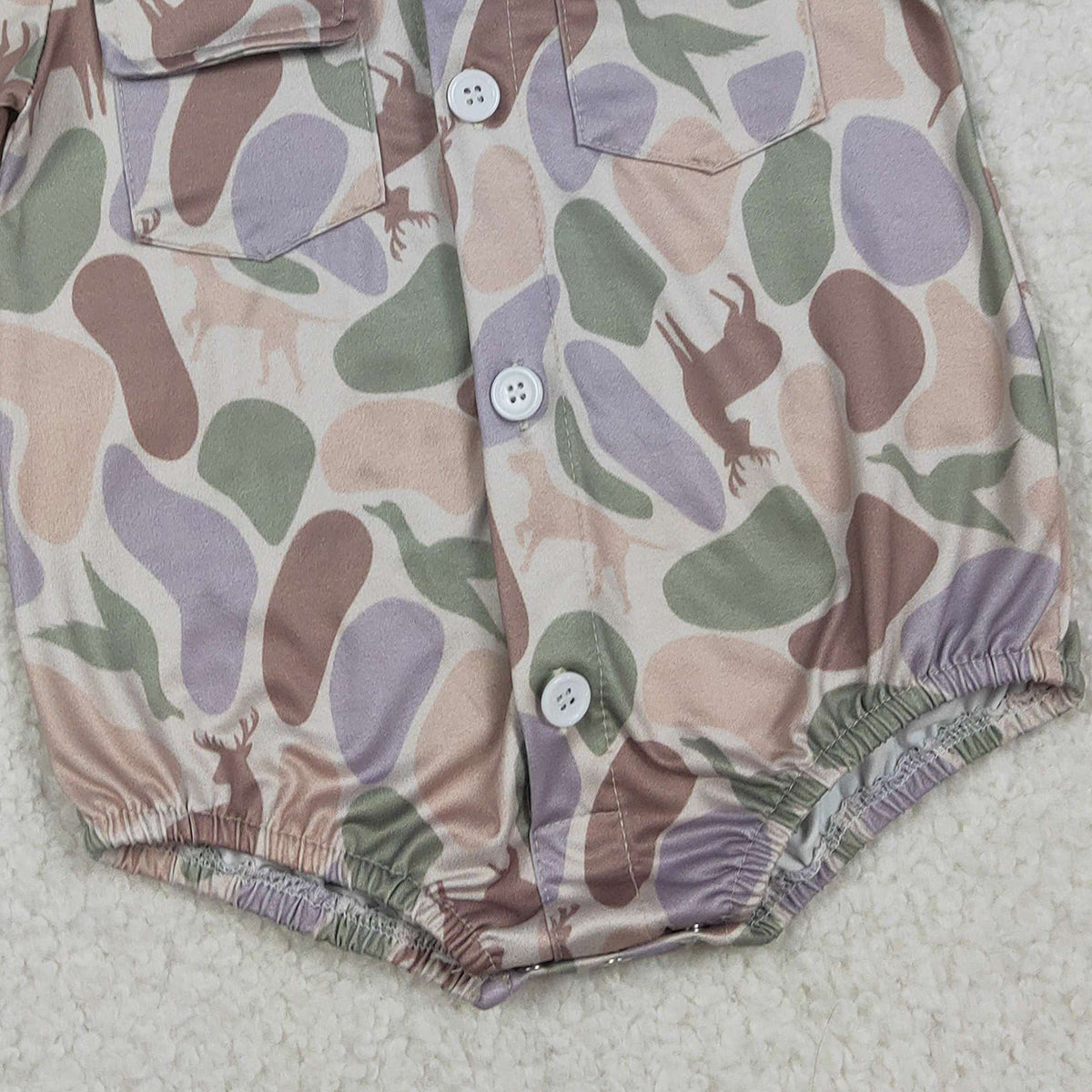 RTS NO MOQ SR3544 Baby Boys Camouflage Hunting Rompers with Pockets Button Detailing Ducks Dogs Deer Print