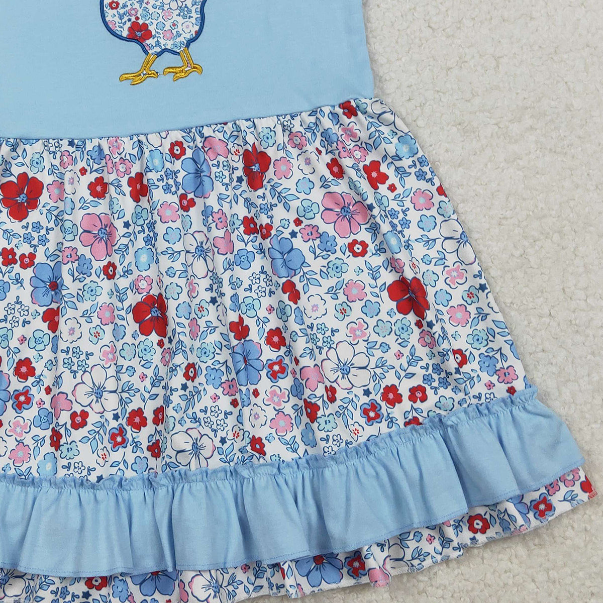 RTS NO MOQ GSD3418 Floral Chick Embroidery Baby Girls Dress Farm Ruffle Knee-Length Skirt for Kids