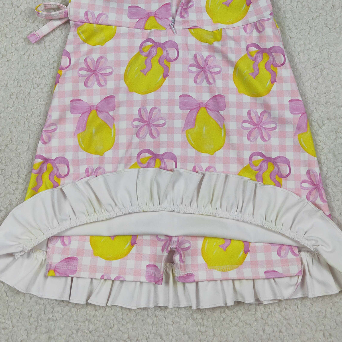 RTS NO MOQ GSD3683 Baby Girls Pink Checked Bows Lemons Ruffle Yoga Active Shorts Knee-Length Dress