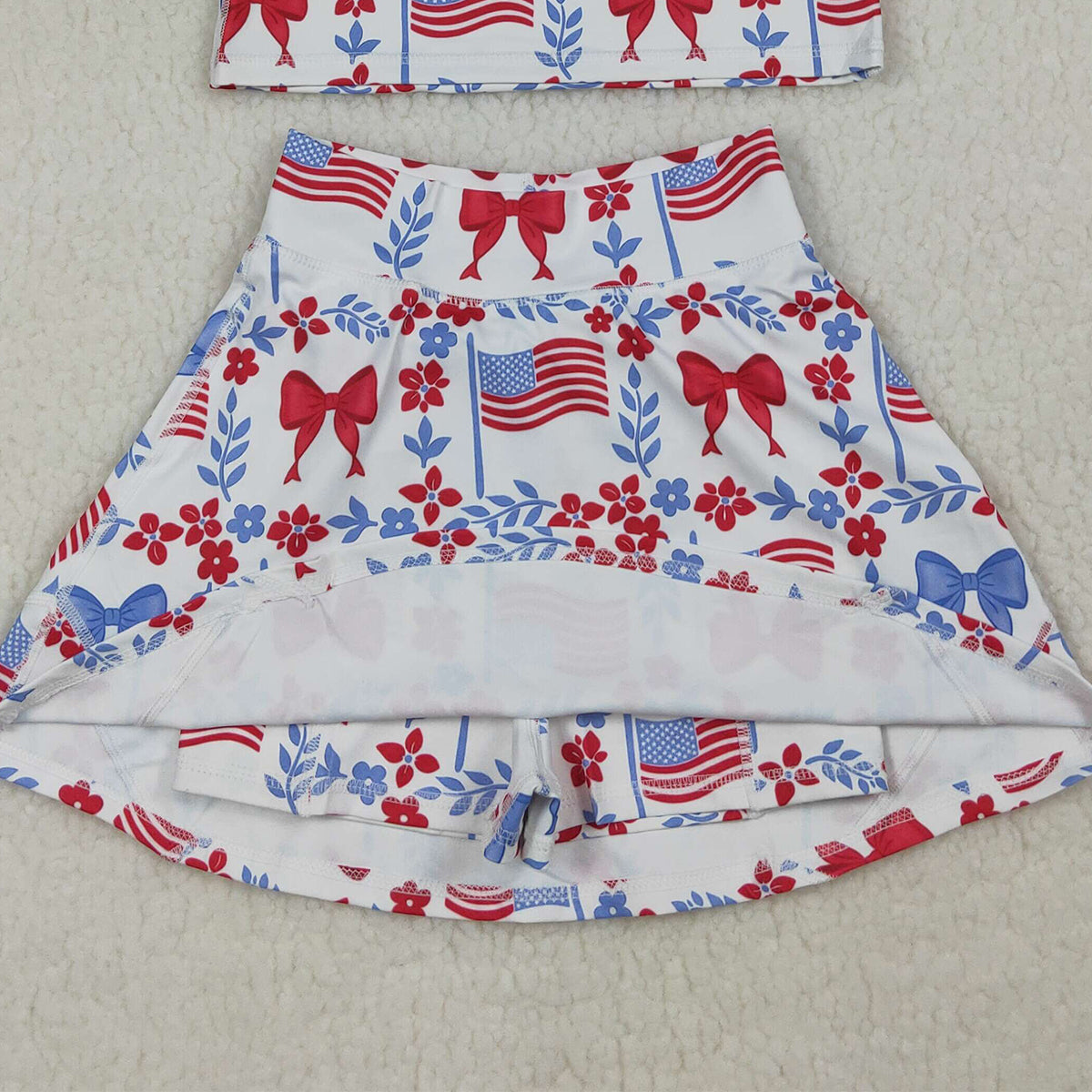 RTS NO MOQ GSD3499 Baby Girls 4th of July Yoga Active Clothes Sets Flower Flags Vest Skirt Short for Girls