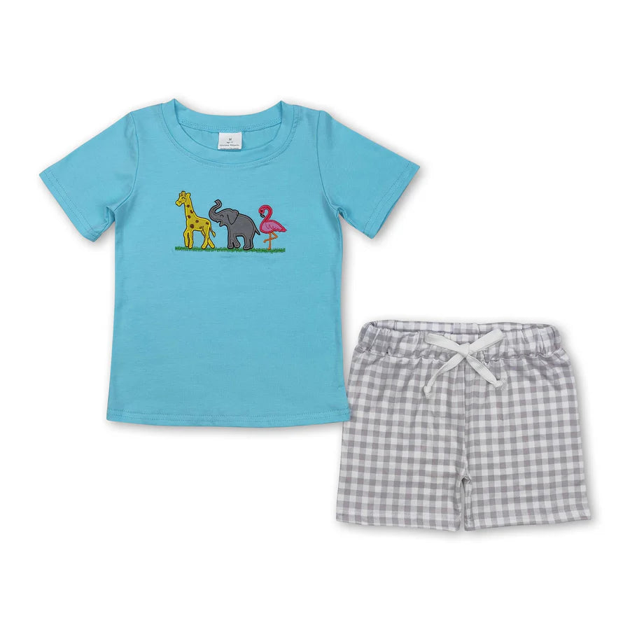 RTS NO MOQ Sibling Baby Boys Embroidery Fishing Top Shorts Hunting Clothes Sets
