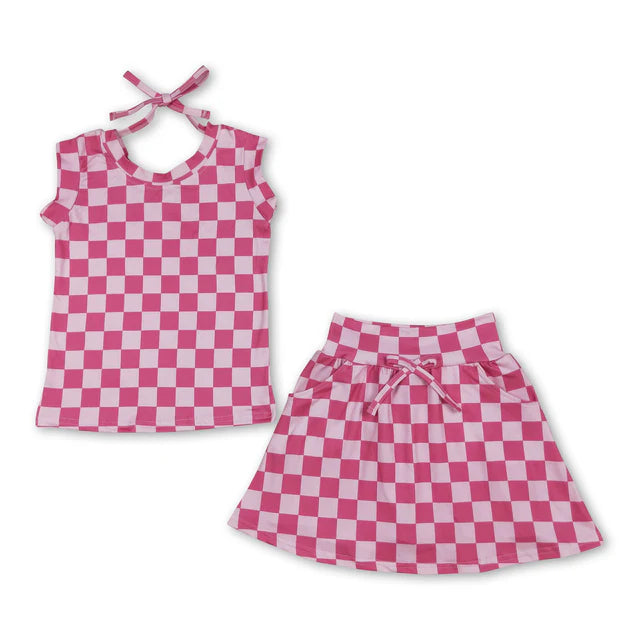 RTS NO MOQ Sibling Baby Girls  Sleeveless Hot Pink Flowers Top Pockets Short Skirts Sets