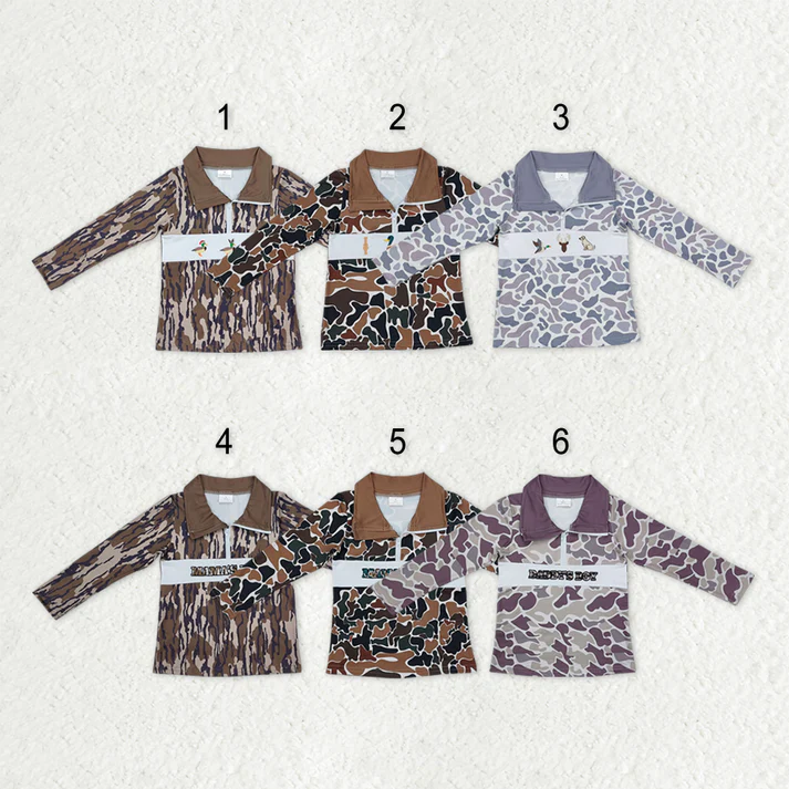 RTS NO MOQ Sibling baby boy clothes embroidery camouflage duck zipper long-sleeved tops