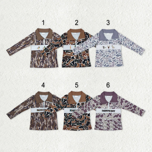 RTS NO MOQ Sibling baby boy clothes embroidery camouflage duck zipper long-sleeved tops