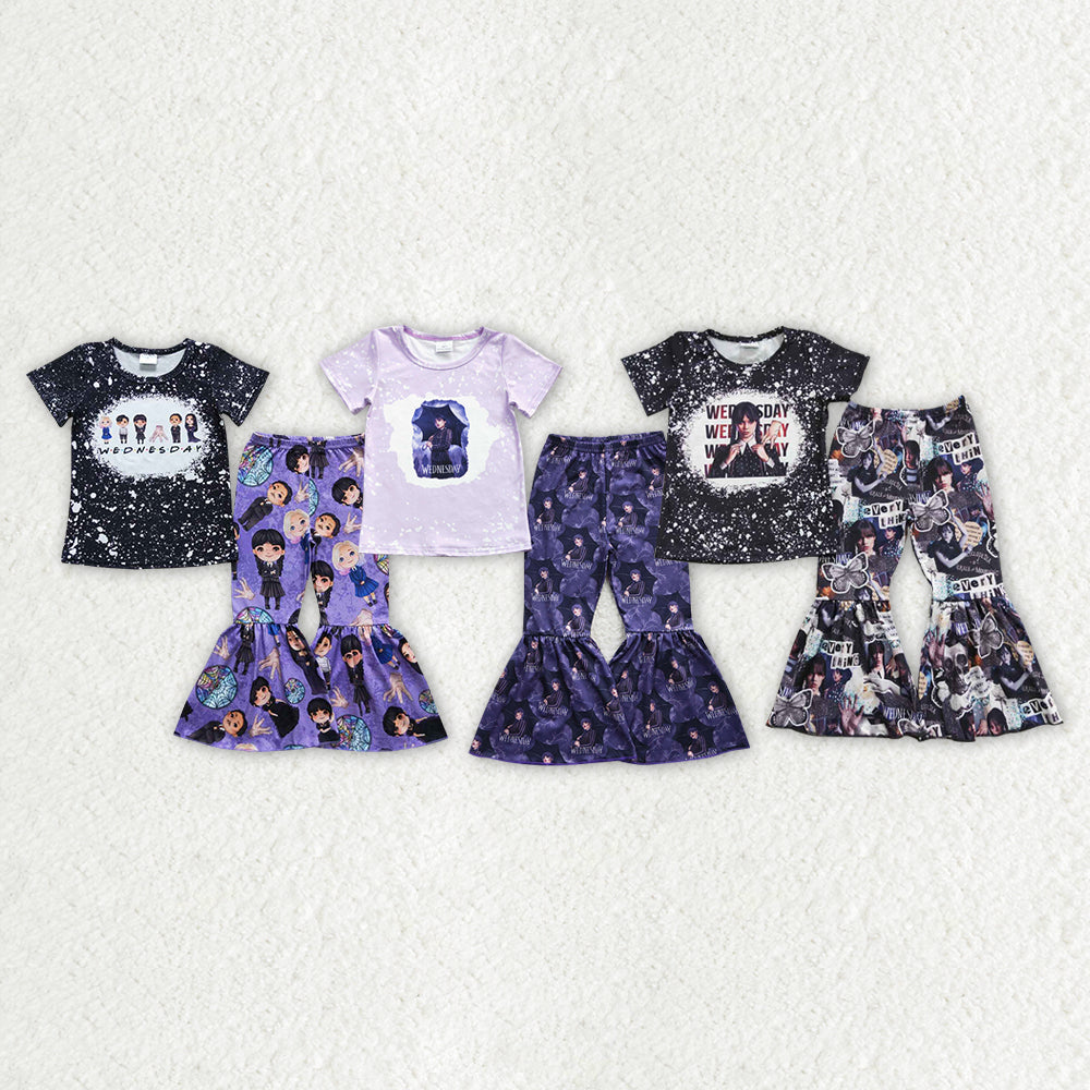 RTS NO MOQ GSPO0448 GSPO0586 GSPO0688 Preppy Girl Pattern Short Sleeve Flared Pants Suit