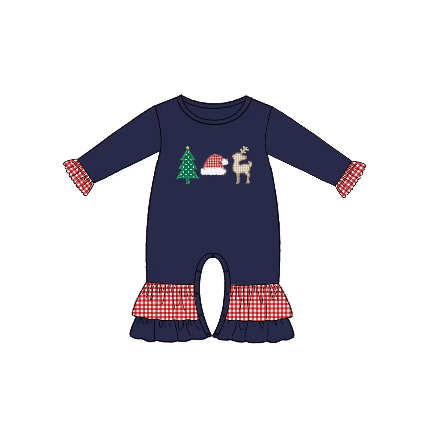 Custom moq 3 eta 6-8 weeks Navy blue embroidered Christmas tree hat and elk long flared leg jumpsuit