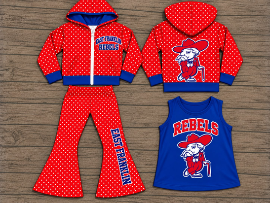 custom moq 5 mix size EAROML01 Baby Team Red Polka Dot Hoodie Bell Bottom Pants Blue Tank Top 3 Piece Set