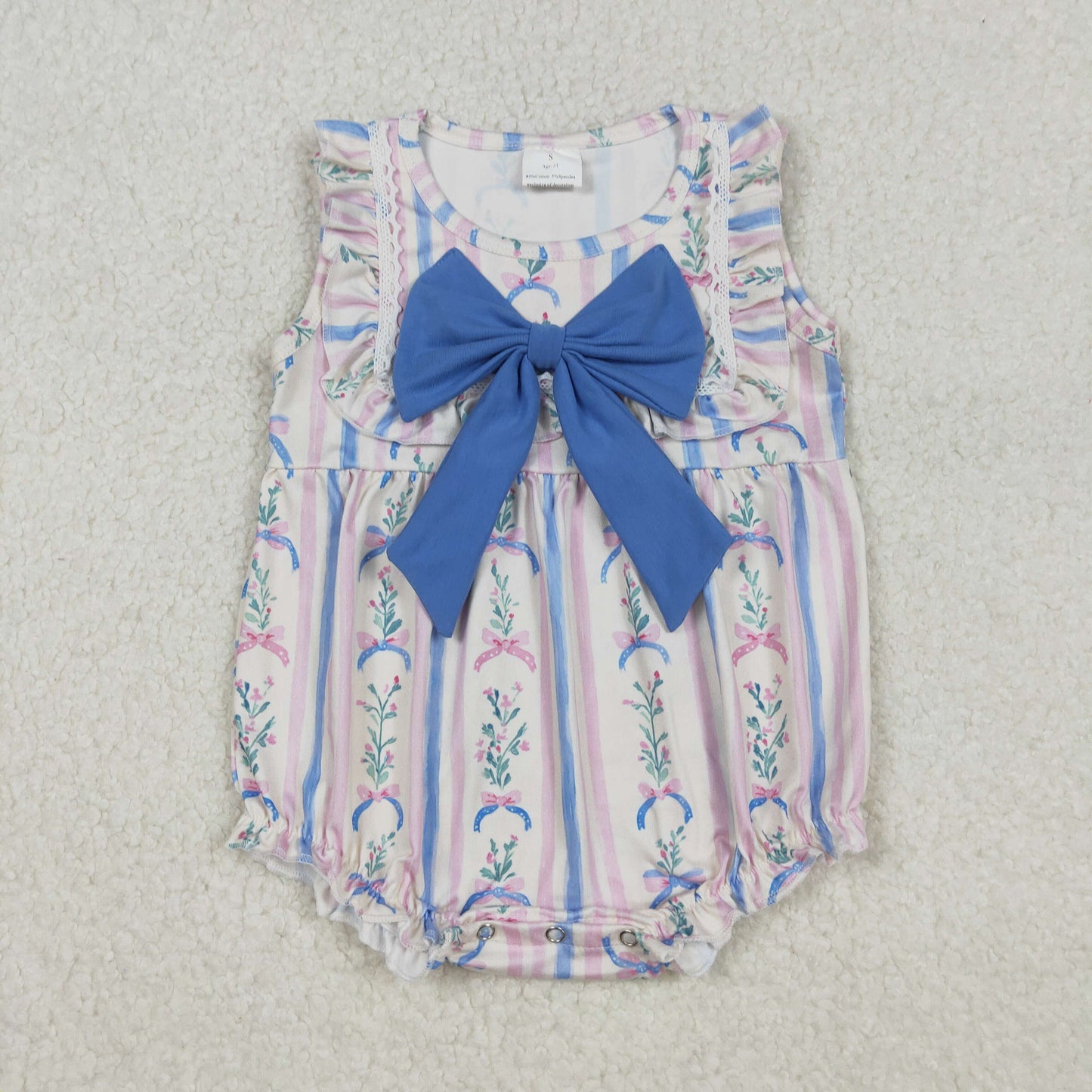RTS NO MOQ（In Stock) SR3045 Powder Blue Bow Pattern Striped Floral Lace Sleeve Tank Bodysuit