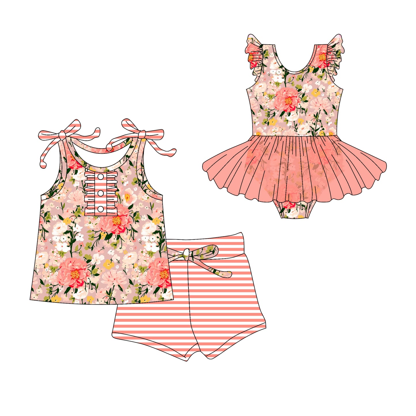 3.10 custom each style moq 5eta 4-6week Sibling Sister floral baby girl short sleeve shorts sets and romper match design