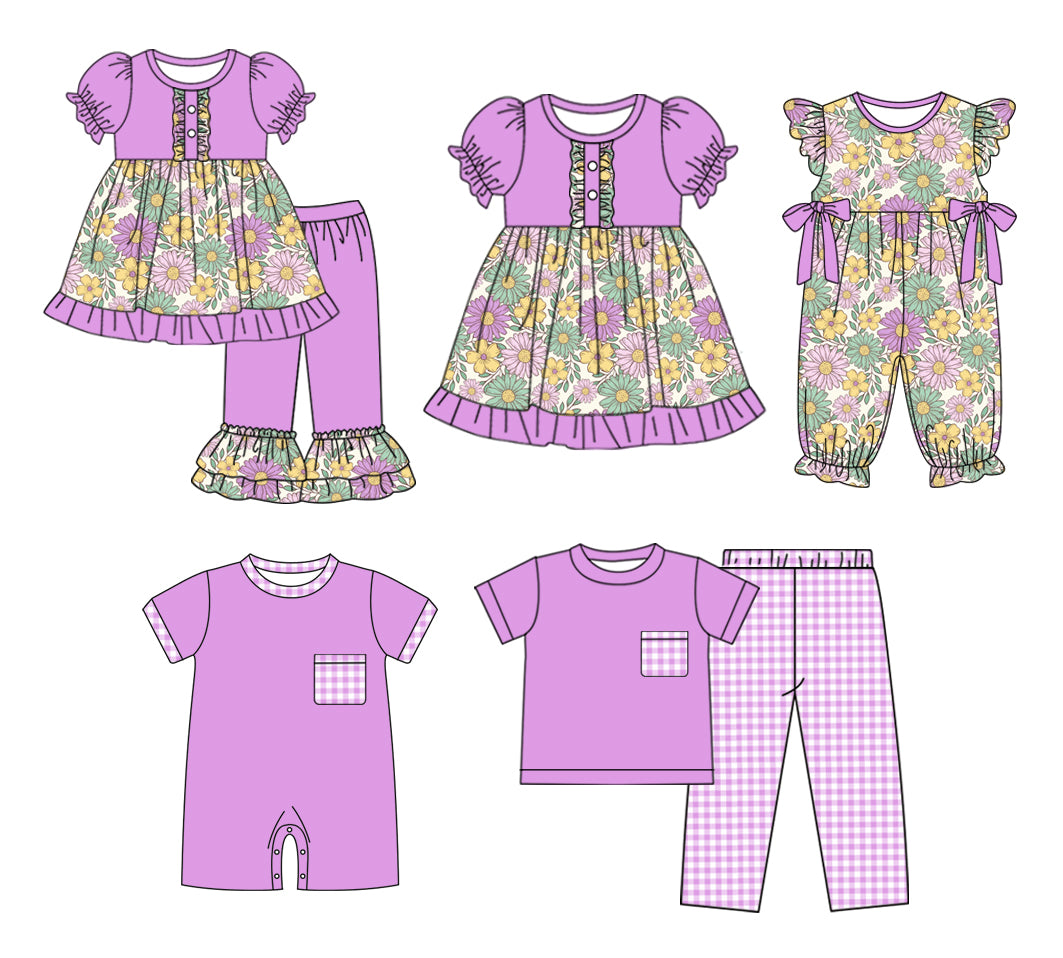 11.3 custom each style moq 5eta 4-6week Sibling Sister floral purple baby girl sets 1 and sets 2 and dress and boy rompers and girl romper match family design