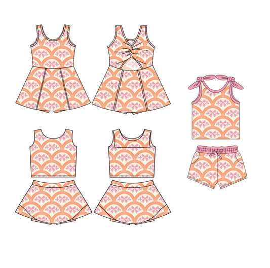 3.31 custom each style moq 5eta 4-6week Sibling Sister floral bow baby short sleeve shorts sets and yoga dress 1 and dress 2 match family design