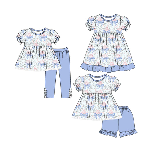 4.4 custom each style moq 5eta 4-6week Sibling Sisters bow floral baby girl short sleeve pants sets and shorts sets and dress match family design