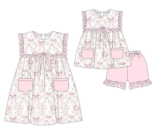 3.5 custom each style moq 5eta 4-6week Sibling Sister bow floral baby girl short sleeve shorts sets and dresses match design
