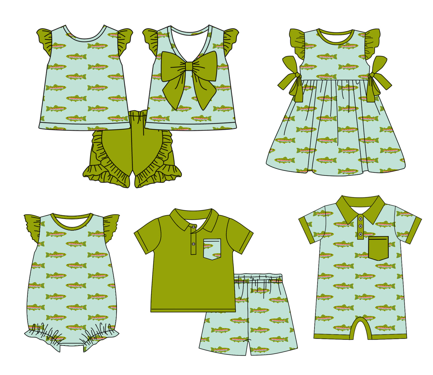 11.9 custom each style moq 5eta 4-6week Sibling Sister fish green baby girl short sleeve shorts sets 1 and  sets 2 and girls romper and boy romper and dress match design