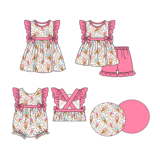 3.27 custom each style moq 5eta 4-6week Sibling Sisters ice cream baby girl short sleeve shorts sets and dress and rompers match family design