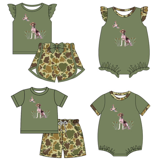 11.29 custom each style moq 5eta 4-6week Sibling Sister puppy duck camouflage baby girl short sleeve shorts sets and sets 2 and girls romper and boy romper match design