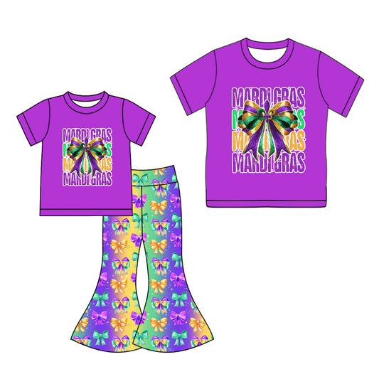 25.10.4 custom each style moq 5eta 4-6week Sibling Sister mardi gras bow baby short sleeve pants sets and adult top match design
