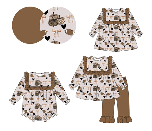 25.6.13 custom each style moq 5eta 4-6week Sibling Sisters pumpkin bow rugby baby girl long sleeve pants sets and dress and rompers match family design