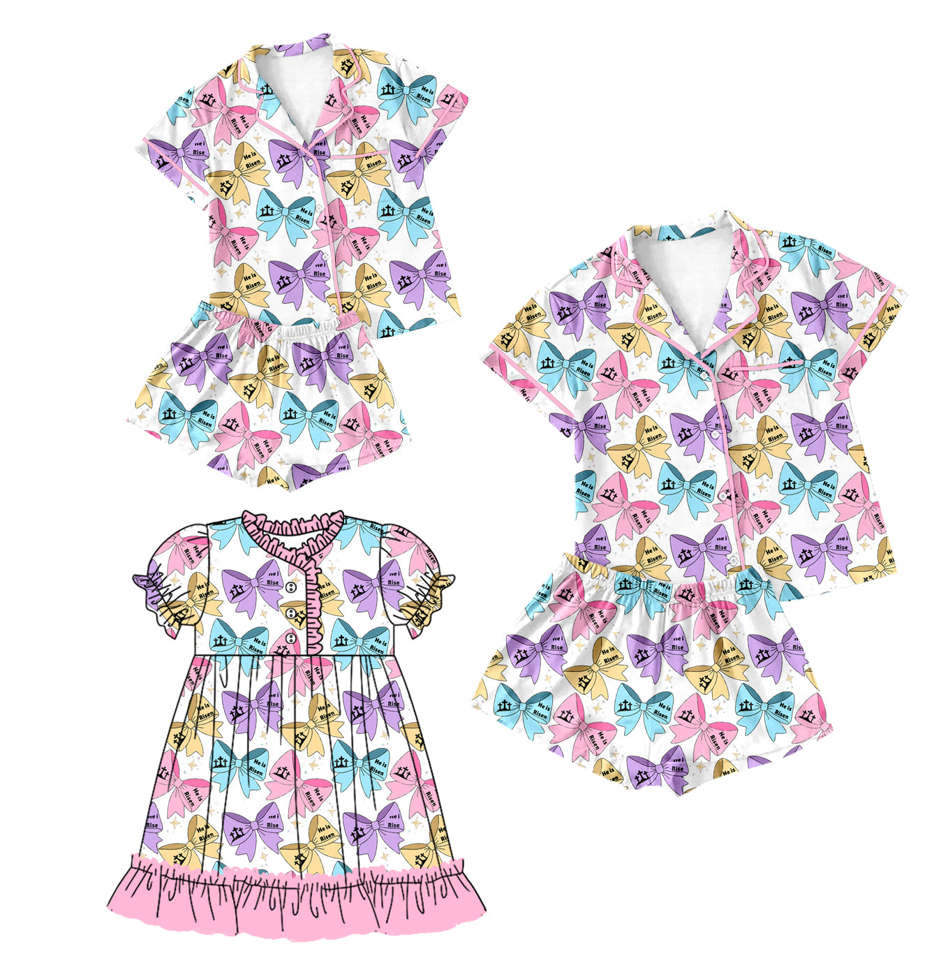 12.28 custom each style moq 5eta 4-6week Sibling Sister bow baby girls short sleeve shorts sets and adult sets and dress match design