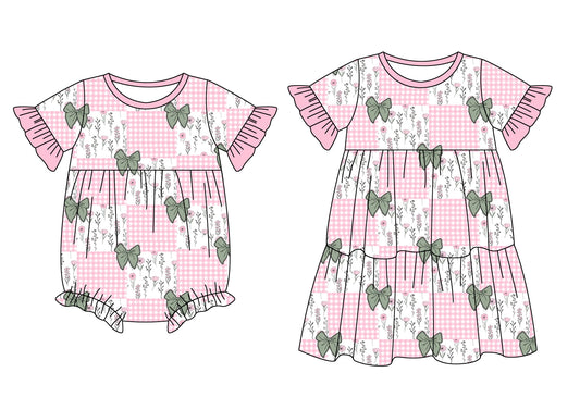 25.12.26 custom each style moq 5 eta 6-8week Sibling Sister floral bow baby short sleeve romper and dress match design