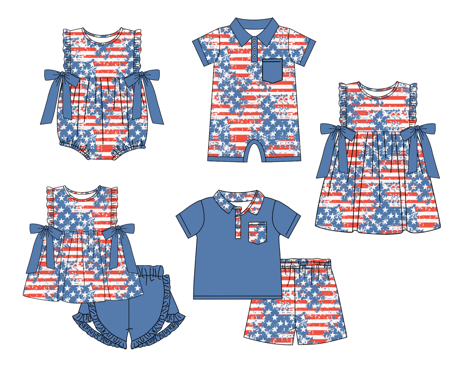 11.22 custom each style moq 5eta 4-6week Sibling Sister 4th of july baby girl short sleeve shorts sets and sets 2 and girls romper and boy romper and dress match design