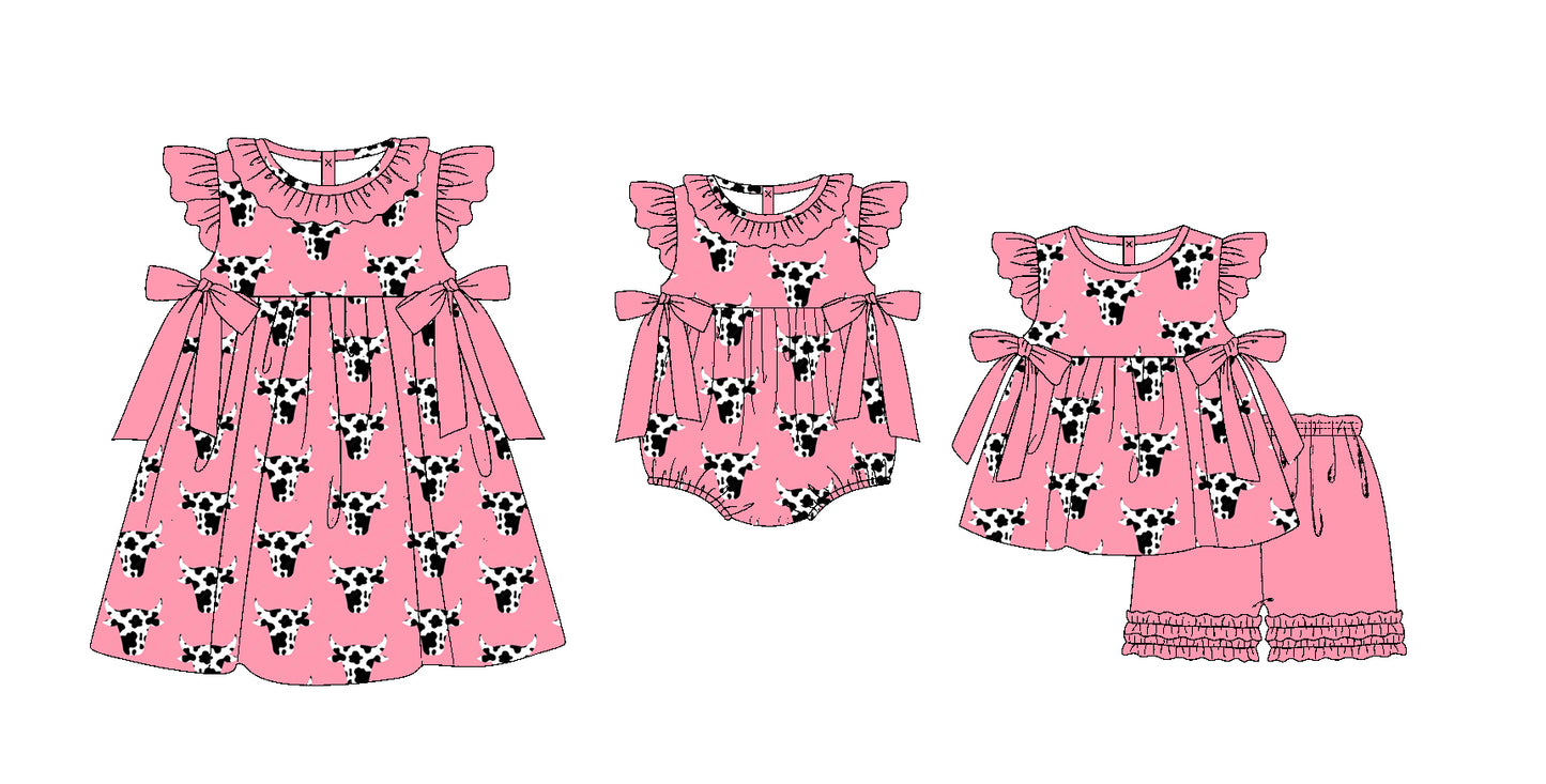 11.19 custom each style moq 5eta 4-6week Sibling Sister cow head baby girl short sleeve shorts sets and dress and rompers match family design