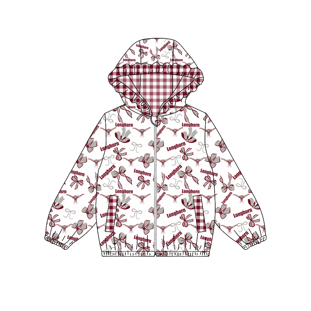 custom moq 5 mix size MSD071010 Baby Girls Bow Print Long Sleeve Zipper Hooded Team Jacket Tops