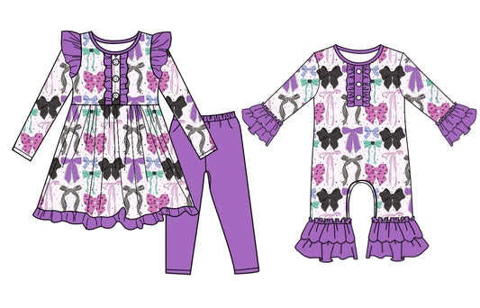 25.6.23 custom each style moq 5eta 4-6week Sibling Sisters bow purple baby girl long sleeve pants sets and rompers match family design