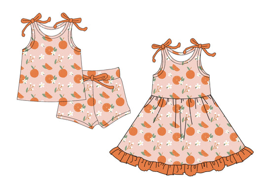 4.7 custom each style moq 5eta 4-6week Sibling Sister orange baby girl short sleeve shorts sets and dresses match design