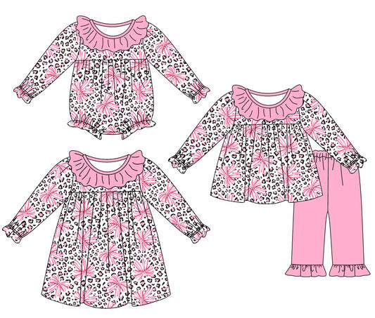 25.9.6 custom each style moq 5eta 4-6week Sibling Sisters leopard bow baby girl long sleeve pants sets and dress and rompers match family design