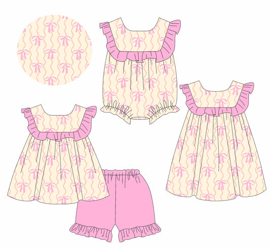 2.15 custom each style moq 5eta 4-6week Sibling Sisters bow baby girl short sleeve shorts sets and dress and rompers match family design