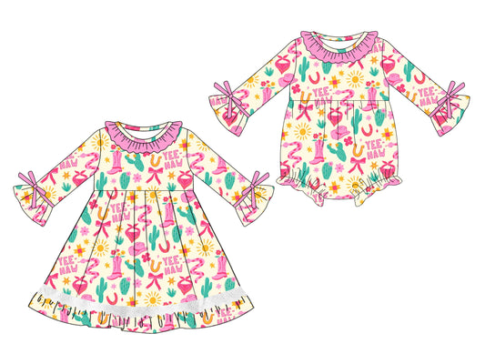 25.5.14 custom each style moq 5eta 4-6week Sibling Sisters bow catcus boots hat baby girl long sleeve dress and rompers match family design