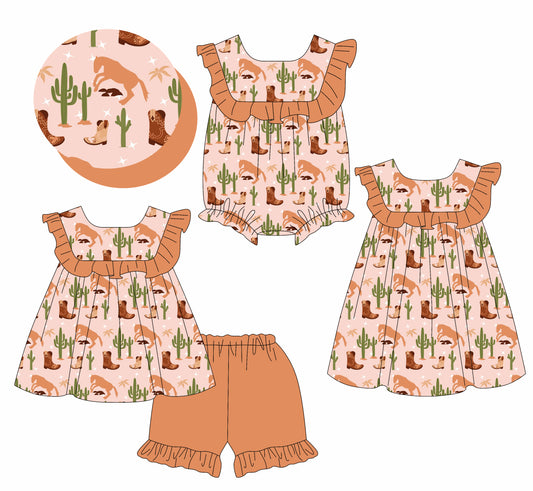 3.13 custom each style moq 5eta 4-6week Sibling Sisters boots catcus baby girl short sleeve shorts sets and dress and rompers match family design