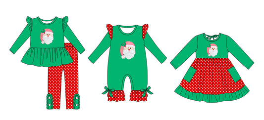 25.6.11 custom each style moq 5eta 4-6week Sibling Sisters Christmas green baby girl long sleeve pants sets and dress and rompers match family design